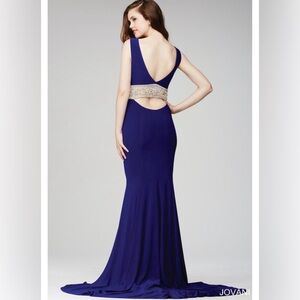 Jovani 31202 Blue Sleeveless V-Neck Backless Gown size w jeweled waist 12